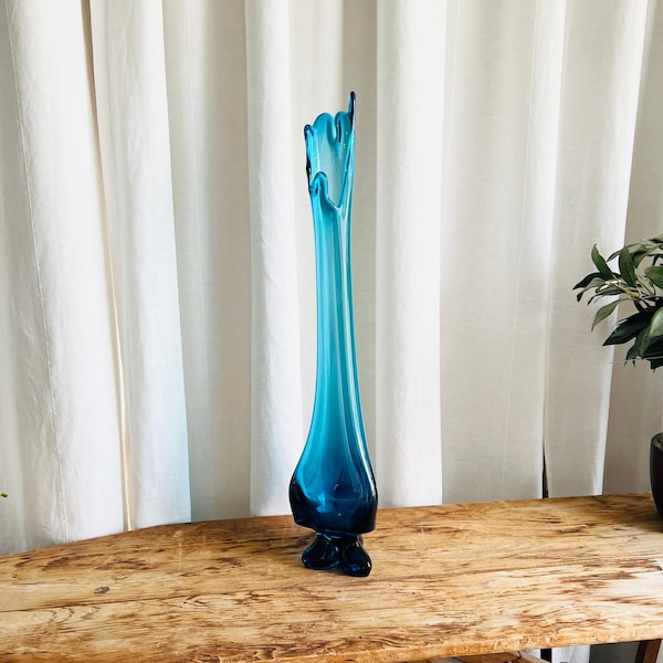 MCM Viking Swung Glass Vase 23", Bluenique Epic 3 Foil, Vintage Stretch Vase, 5 Finger Vase