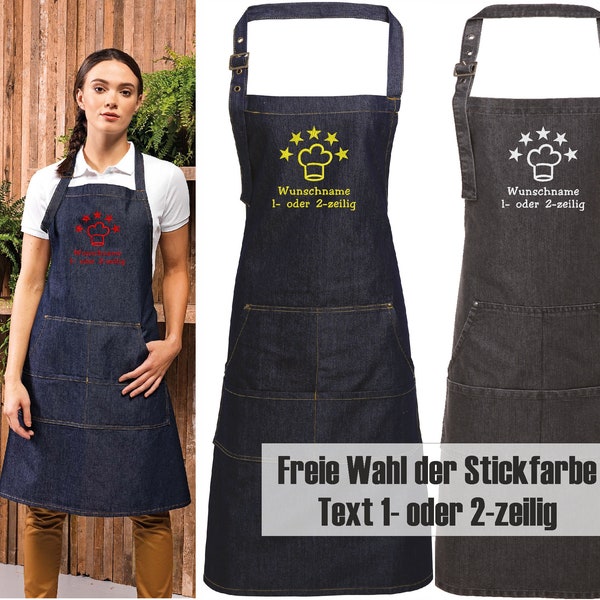 Denim Schürze bestickt mit Name/Text + Motiv "Kochmütze 5 Sterne Deluxe"