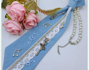 Denim Tie With Rhinestones and an Ethnic-style Pattern  display picture 1