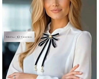 Handmade Black & White Ribbon Tie: Womens Office Accessory