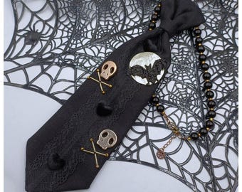 Gothic Halloween Necktie, Black Skull & Bat Tie, Dark Romantic Alternative Fashion Accessory