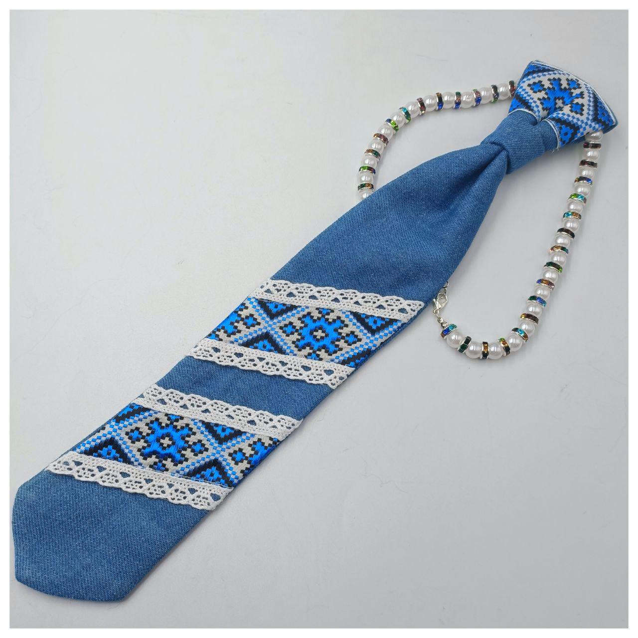 Denim Embellished Women\'s Tie - Blue with Rhinestones Denim Crystal Plaid Classic Necktie – Nandanie main image 4