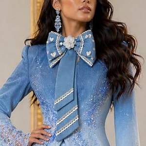 May include: A light blue formal dress with a large bow tie. The bow tie is decorated with white hearts and a white flower. The dress has long sleeves with lace cuffs and is embellished with sequins.