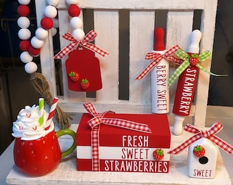 Strawberry tier tray decor / mini mug / book stack / Summertime / Strawberries/ Home decor / Beaded garland