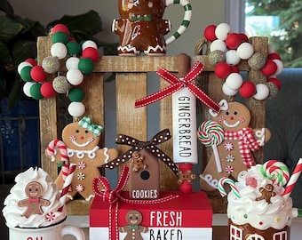 Gingerbread Tier Tray Decor: Mini Mugs, Hand Painted Books & Rolling Pin