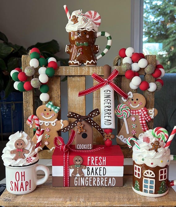 Gingerbread Tier Tray Decor: Mini Mugs, Hand Painted Books & Rolling Pin