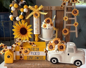 Sunflowers / Sunflower tier tray decor / Summer / Fall Decor / Mini Truck / Books
