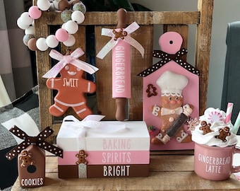 Pink Gingerbread Tier Tray Decor, Christmas Miniatures