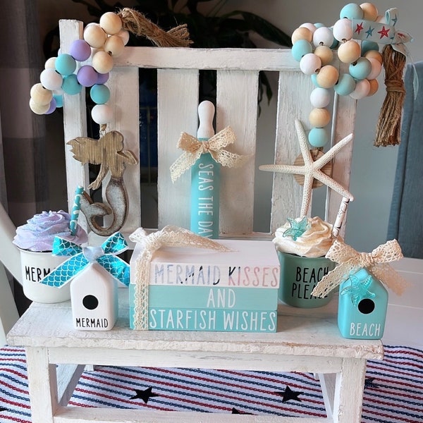 Mini Beach Tiered Tray Decor: Mermaid, Starfish & Turtles