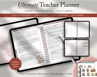 Puede incluir: Un planificador de profesores abierto, con encuadernación en espiral, que presenta planes de lecciones, un calendario y horarios diarios. El planificador incluye el texto "Ultimate Teacher Planner", "479 páginas" y "Includes 2000+ stickers".