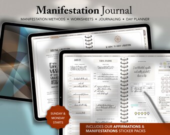 May include: A digital planner with a brown and white cover. The planner is open to a page with the title "Daily Journal". The page includes a section for daily affirmations, a section for tracking energy levels, and a section for tracking mood. The planner also includes a section for tracking income and expenses. The planner is designed to help users manifest their goals and dreams.
