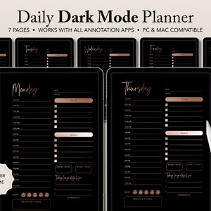 Digital Daily Planner - Dark Mode, Weekly Planning, Undated Daily Planner Pages, Goodnotes, Notability, Copper Planner, Rose Gold