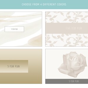 Puede incluir: Cuatro opciones de portada diferentes para un diario de planificaci&oacute;n de 5 a&ntilde;os. Las portadas presentan un dise&ntilde;o abstracto de estilo acuarela, un fondo blanco con un delicado patr&oacute;n floral, un fondo beige s&oacute;lido y un fondo blanco con una sola rosa blanca.