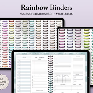 Digital Planner Rings for binder, png, 3D, rainbow rings, pink, purple, green, blue set, journal, commercial use