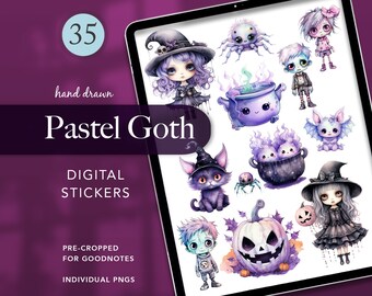 Pastel Goth Stickers, Halloween Stickers, Planner Stickers, Cute Halloween, Gothic art, Kawaii Halloween, Spooky, Zombies, Black Cat, Spider