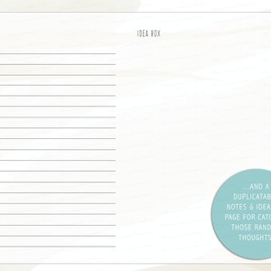 Puede incluir: Una p&aacute;gina en blanco con una secci&oacute;n de notas con l&iacute;neas a la izquierda y una secci&oacute;n de caja de ideas en blanco a la derecha. El texto "...AND A DUPLICATABLE NOTES & IDEA BOX PAGE FOR CATCHING THOSE RANDOM THOUGHTS!" est&aacute; en un c&iacute;rculo en el lado derecho de la p&aacute;gina.