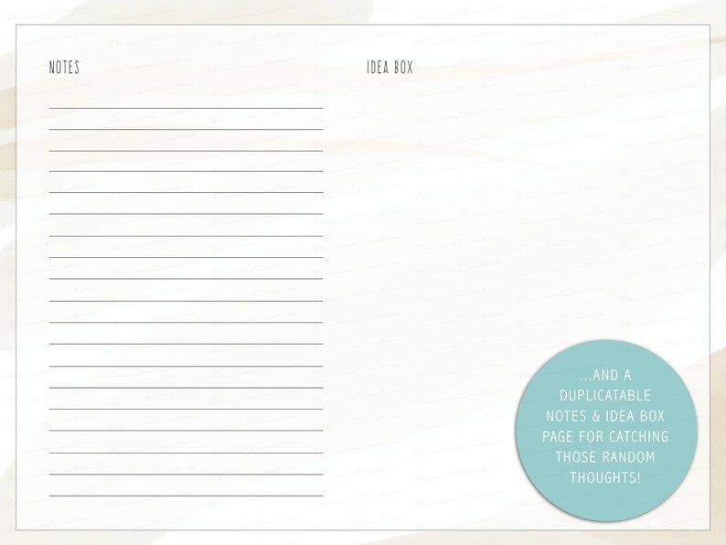 Puede incluir: Una p&aacute;gina en blanco con una secci&oacute;n de notas con l&iacute;neas a la izquierda y una secci&oacute;n de caja de ideas en blanco a la derecha. El texto "...AND A DUPLICATABLE NOTES & IDEA BOX PAGE FOR CATCHING THOSE RANDOM THOUGHTS!" est&aacute; en un c&iacute;rculo en el lado derecho de la p&aacute;gina.