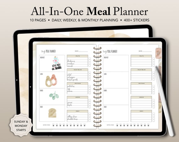 Meal Planner, Digital Meal Planning, Monthly Meal Journal, Daily Food Journal, Digital Recipe Book, Digital Meal Notebook, Diet Planning