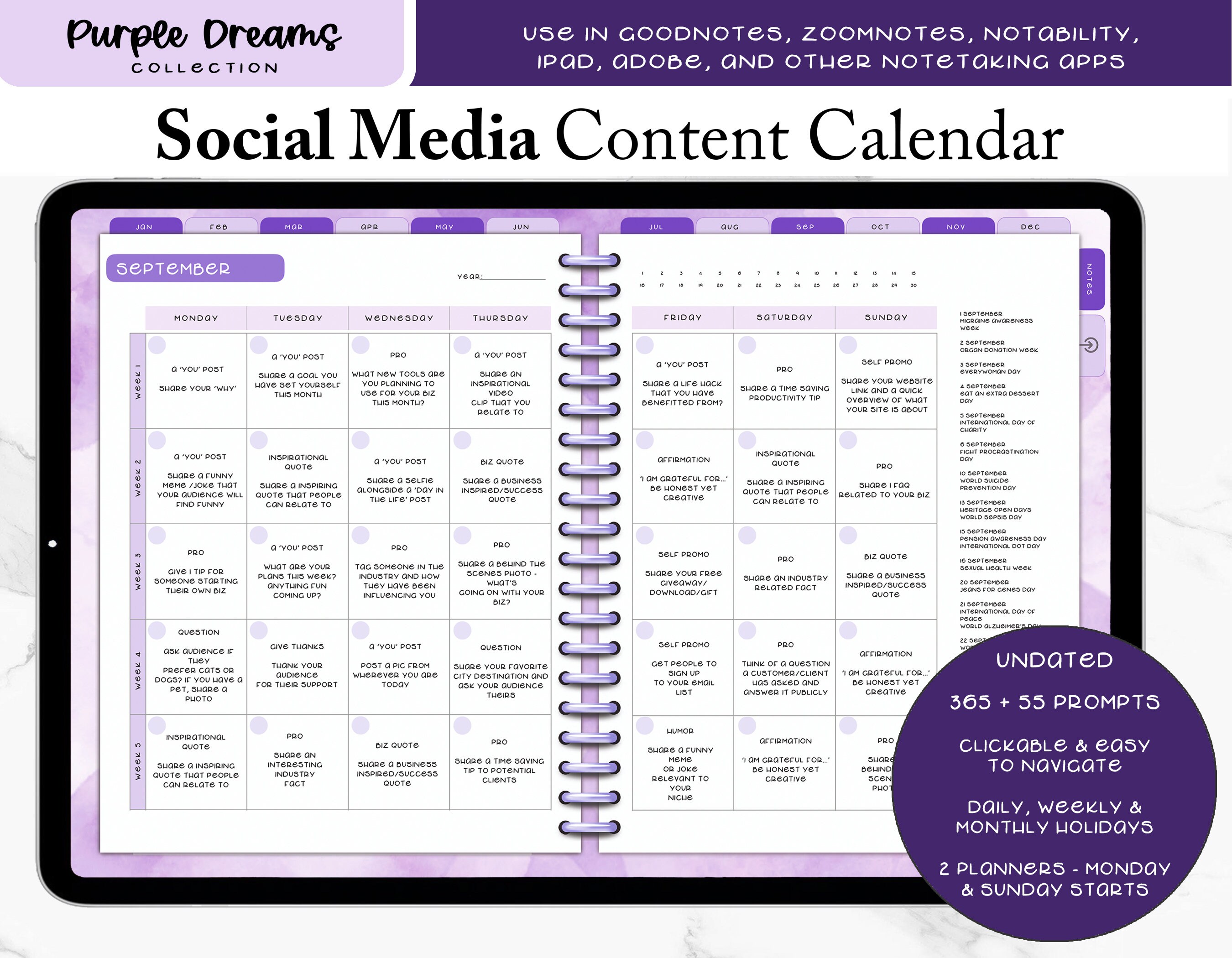 Social Media Content Calendar, Purple Planner, Purple Journal, Undated 365 Day Social Media Marketing, 12 Month Social Media Planner
