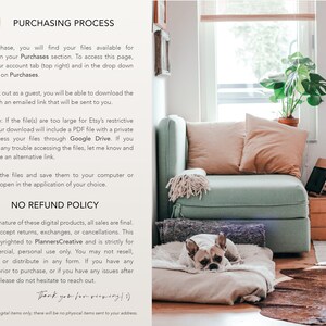 Puede incluir: Una imagen con texto que explica c&oacute;mo descargar archivos digitales comprados en Etsy. El texto incluye informaci&oacute;n sobre el proceso de compra, las limitaciones de tama&ntilde;o de los archivos y una pol&iacute;tica de no reembolso. La imagen tambi&eacute;n incluye una foto de un perro peque&ntilde;o sentado en un sof&aacute;.