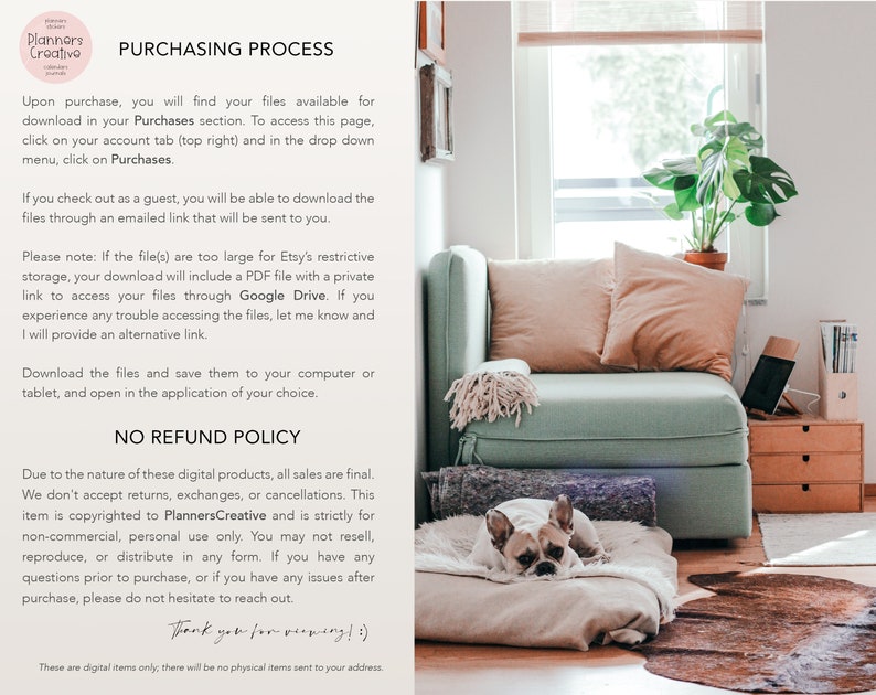 Puede incluir: Una imagen con texto que explica c&oacute;mo descargar archivos digitales comprados en Etsy. El texto incluye informaci&oacute;n sobre el proceso de compra, las limitaciones de tama&ntilde;o de los archivos y una pol&iacute;tica de no reembolso. La imagen tambi&eacute;n incluye una foto de un perro peque&ntilde;o sentado en un sof&aacute;.