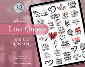 Love Quotes Digital Stickers, Planner stickers, scrapbooking stickers, junk journal, hand drawn love phrases, hearts, affection quotes