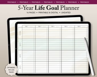 Life Goal Planner, 5 Year - Printable or Digital, GoodNotes, Notability, Adobe, iPad - Long Term Goals, Five Year Plan