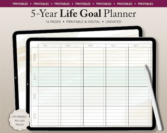 Life Goal Planner, 5 Year - Printable or Digital, GoodNotes, Notability, Adobe, iPad - Long Term Goals, Five Year Plan