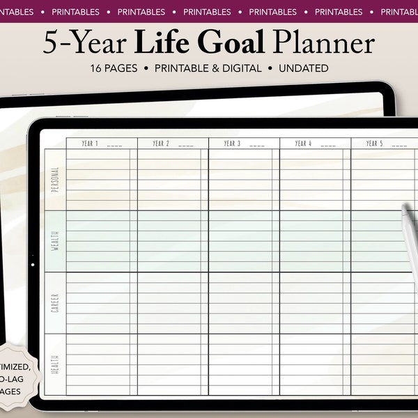 Planificateur d’objectifs de vie, 5 ans - Imprimable ou numérique, GoodNotes, Notability, Adobe, iPad - Objectifs à long terme, Plan quinquennal