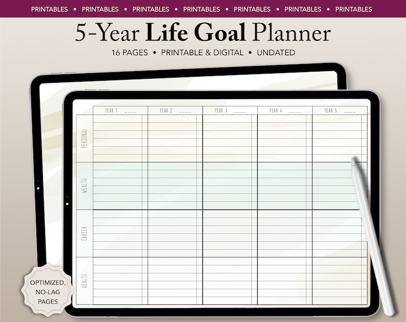 Puede incluir: Un planificador digital en la pantalla de una tableta con el t&iacute;tulo "5-Year Life Goal Planner" y el texto "16 Pages - Printable & Digital - Undated". El planificador est&aacute; dividido en cinco columnas etiquetadas "Year 1" a "Year 5" y cuatro filas etiquetadas "Personal", "Wealth", "Career" y "Health".