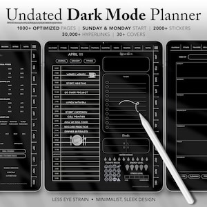 Undated Dark Mode Digital Planner for GoodNotes & Notability, iPad Daily Weekly Monthly Planner, Black Mode, Minimalist Journal, notebook