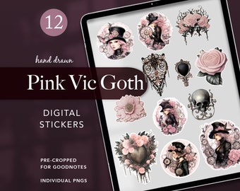 Victorian Goth Digital Stickers, Dark Romantic, Pink and Black, Journal stickers, scrapbooking png, junk journal, hand drawn Valentines art