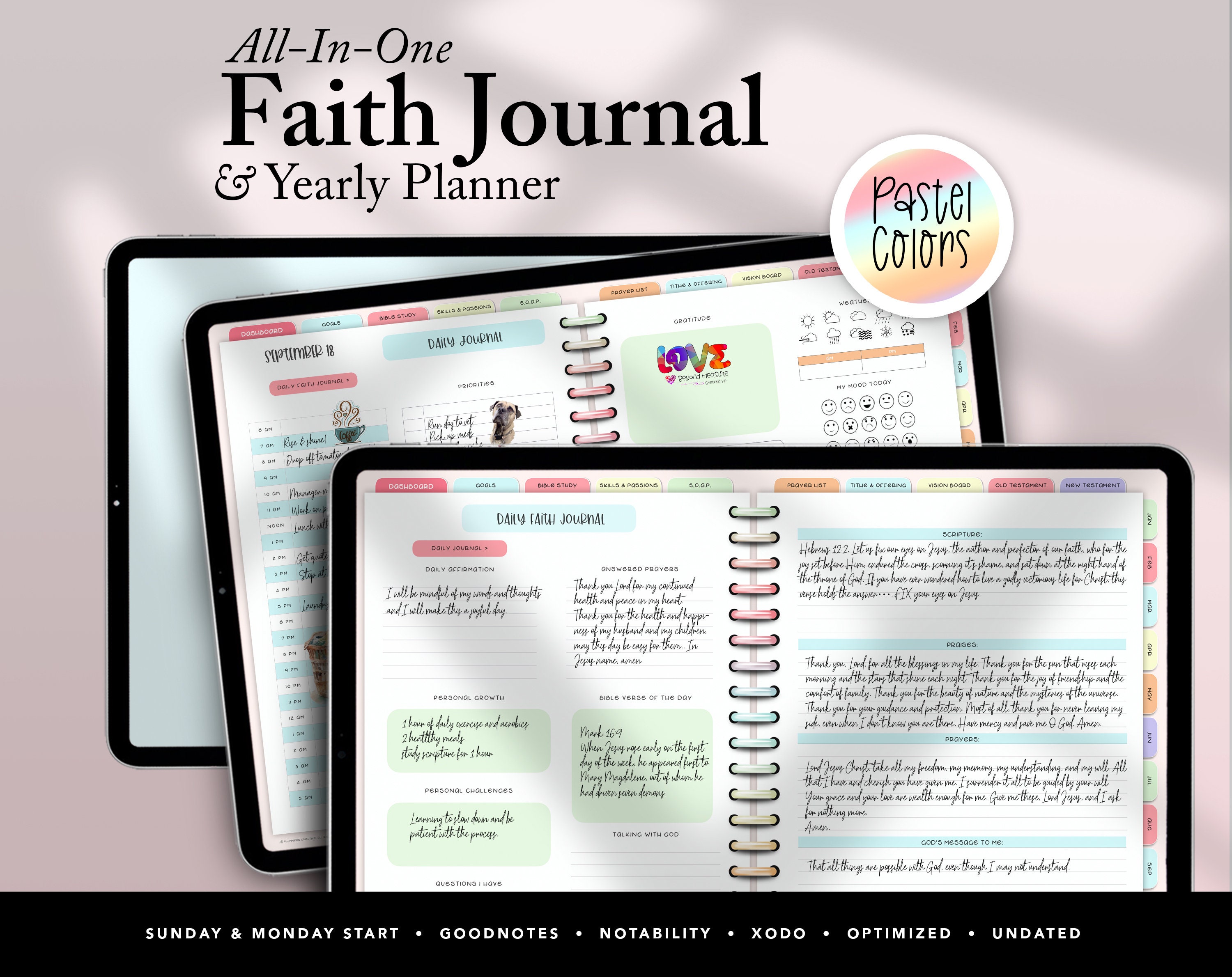 Undated Faith Journal, Christian Planner, Daily Prayer Journal, Undated Bible Journal, Religious Journal for Notability, Goodnotes, Pastel