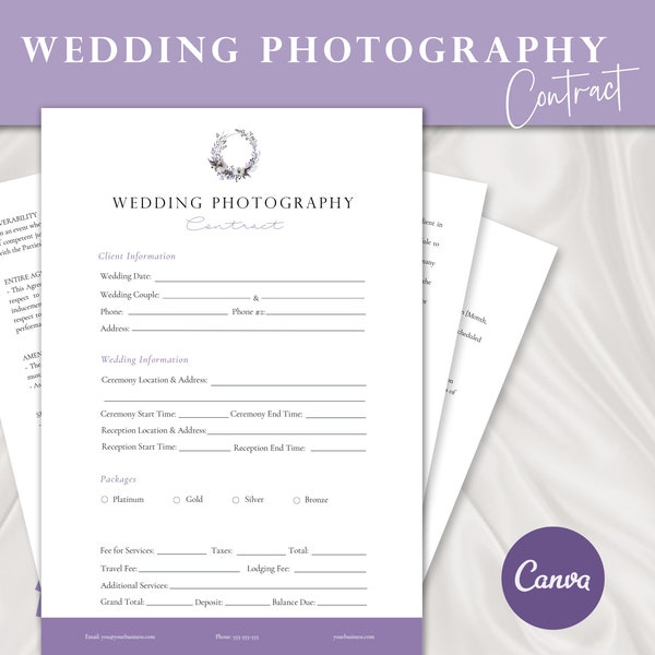 Wedding Photographer Contract Template, Photographer Agreement, Wedding Client Agreement, Photography Contract, CANVA Template, EDITABLE