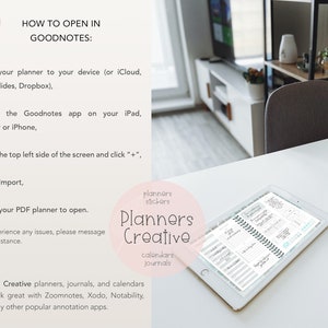 Puede incluir: Una tableta blanca con un planificador digital abierto en la pantalla. La tableta est&aacute; sobre una mesa blanca. El texto en la pantalla dice "Planners Creative". El texto en la p&aacute;gina dice "How to Open in Goodnotes".