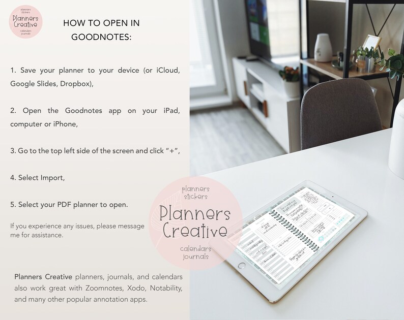 Puede incluir: Una tableta blanca con un planificador digital abierto en la pantalla. La tableta est&aacute; sobre una mesa blanca. El texto en la pantalla dice "Planners Creative". El texto en la p&aacute;gina dice "How to Open in Goodnotes".