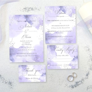 Watercolor self edit printable wedding invitation template set, Details, Thank you card, RSVP, Corjl, Purple and lavender
