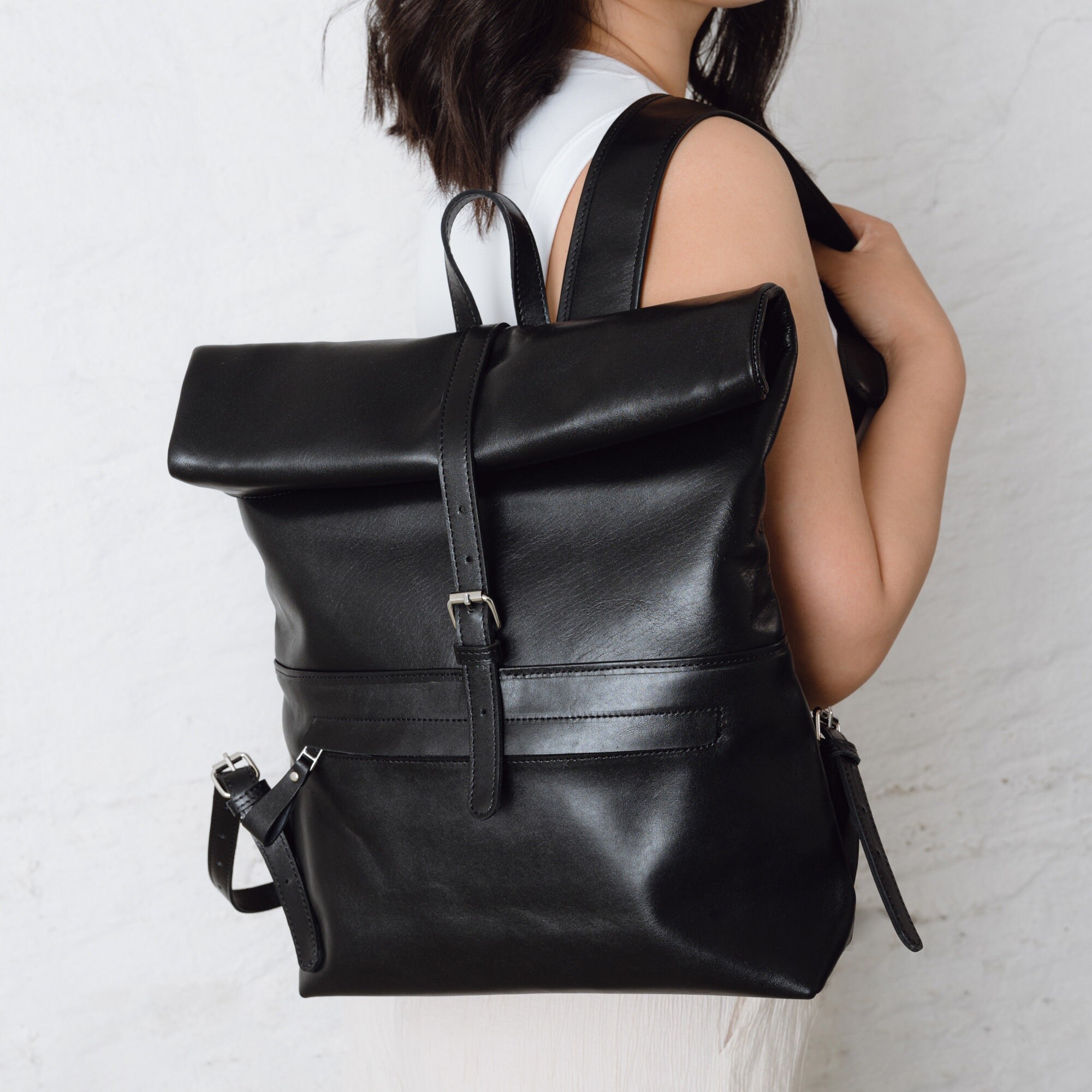 Black Leather Backpack Roll-top Backpack Made From Natural - Etsy Denmark