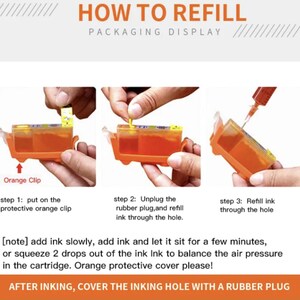 May include: Instructions on how to refill an ink cartridge. The image shows three steps: 1. Put on the orange clip. 2. Unplug the rubber plug and refill ink through the hole. 3. Refill ink through the hole. The text also notes to add ink slowly and let it sit for a few minutes, or squeeze 2 drops of ink to balance the air pressure in the cartridge. Orange protective cover please! After inking, cover the inking hole with a rubber plug.