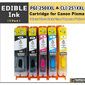 Può includere: Un set di cinque cartucce di inchiostro commestibile per stampanti Canon Pixma. Le cartucce sono etichettate PBK, BK, M, C e Y, che rappresentano Foto Nero, Nero, Magenta, Ciano e Giallo. Il testo "EDIBLE Ink" è visibile.