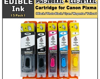 Cartuchos de tinta comestible Betters® para Canon PGI-280XXL CLI-281XXL: tinta apta para uso alimentario para pasteles, galletas y cupcakes.