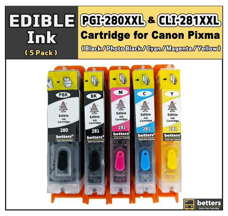 Betters® Edible Ink Cartridges for Canon PGI-280XXL & CLI-281XXL, Food-safe Ink for Cake & Cookie Decorating, Edible Image Printer Cartridges
