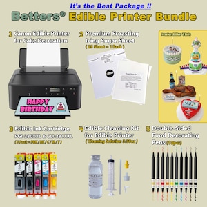 Pacote de impressora comestível Betters® – inclui tinta comestível, 25 folhas de cobertura de açúcar, kit de limpeza e marcadores