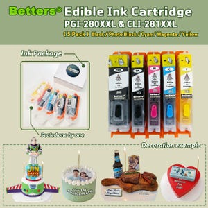 May include: Five edible ink cartridges for printers. The cartridges are labeled with the colors black, photo black, cyan, magenta, and yellow. The cartridges are sealed in plastic packaging. The image also shows examples of cakes decorated with edible ink.