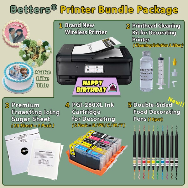 New Edition) Betters® Essbare Drucker Set- Tintenkartusche & Zuckerguss 25 Blatt, Lebensmittelfarbe Dekoration Stifte + Reinigungsset mit Werkzeugen