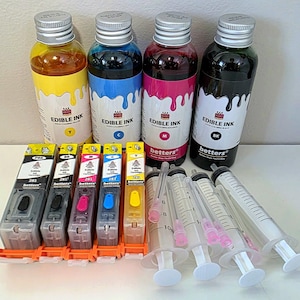 食用インクバンドルセット詰め替えボトル4x100ml、詰め替え可能なPGI 280XXL CLI 281XXLカートリッジ5セット、Canonケーキクッキーカップケーキプリンター用