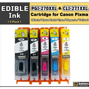 Puede incluir: Un paquete de 5 cartuchos de tinta comestible para impresoras Canon Pixma. Los cartuchos están etiquetados con los colores: Negro, Foto Negro, Cian, Magenta y Amarillo. El embalaje incluye el texto "EDIBLE Ink" y "PGI-270XXL & CLI-271XXL".