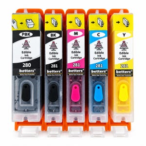 May include: A set of five Betters brand edible ink cartridges including PBK 280, and BK, M, C, and Y 281 models. Each cartridge features a cake icon, the text Edible Ink Cartridge, and a colored tab corresponding to the ink color inside.