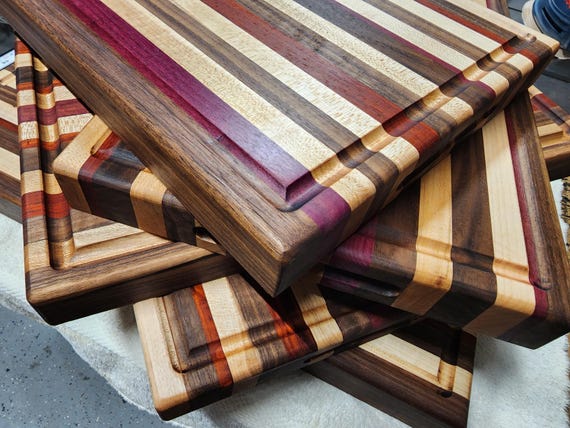 Handmade Wooden Cutting Board – Maple, Walnut, Purple Heart & Padauk – Unique Striped Design, Durable, Knife-Friendly – Perfect Kitchen Gift