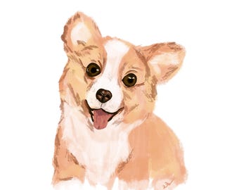 Può includere: Illustrazione digitale di un cane Corgi sorridente. Il cane ha un mantello marrone chiaro e bianco, con occhi marroni e una lingua rosa. L'opera d'arte è su sfondo bianco.